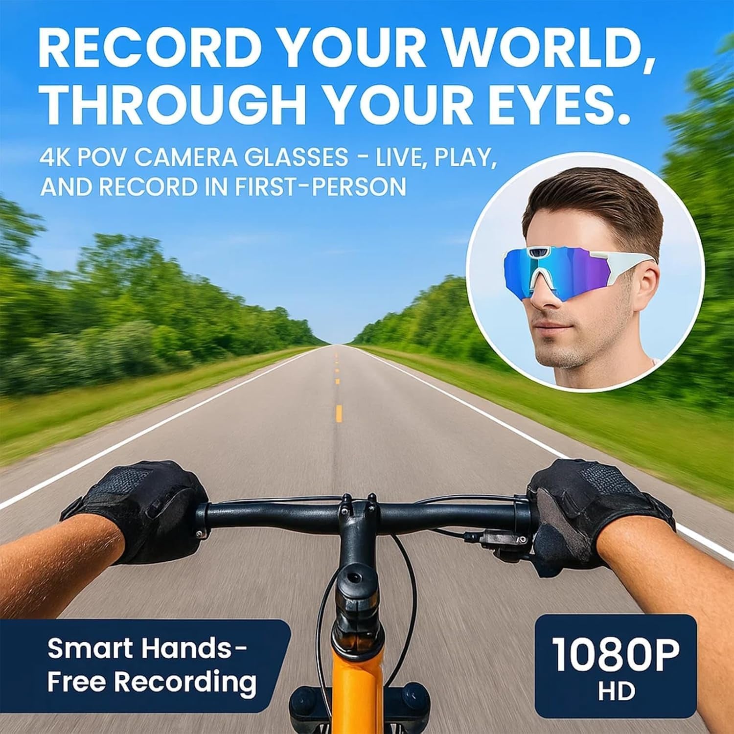 Wiher Smart Camera Glasses, 4k POV Sports Glasses HD Recording Video, Cycling Action Sunglasses, Wearable Audio Take a Picture Wireless Photography Shooting VCR，Suitable for Men and Women(Black)