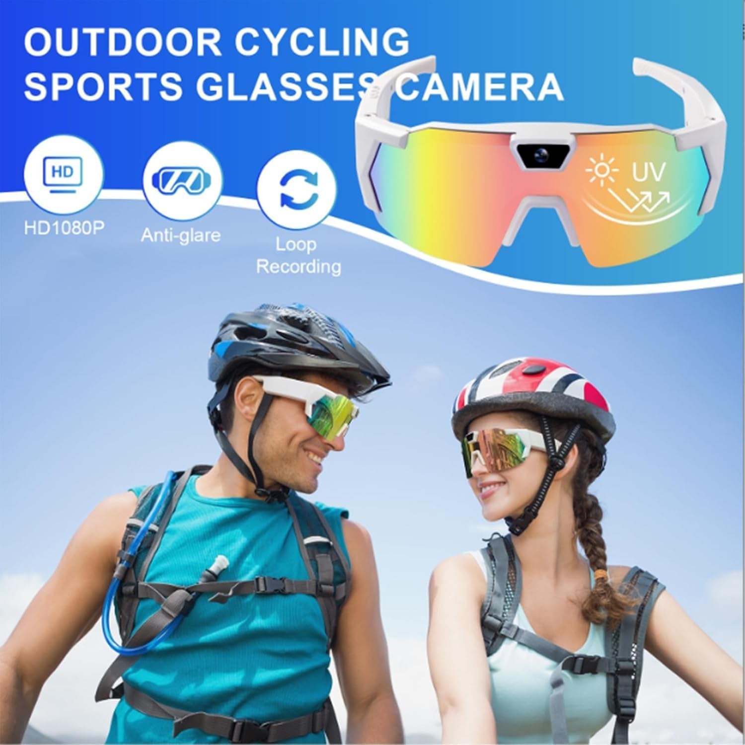 Wiher Smart Camera Glasses, 4k POV Sports Glasses HD Recording Video, Cycling Action Sunglasses, Wearable Audio Take a Picture Wireless Photography Shooting VCR，Suitable for Men and Women(Blue)