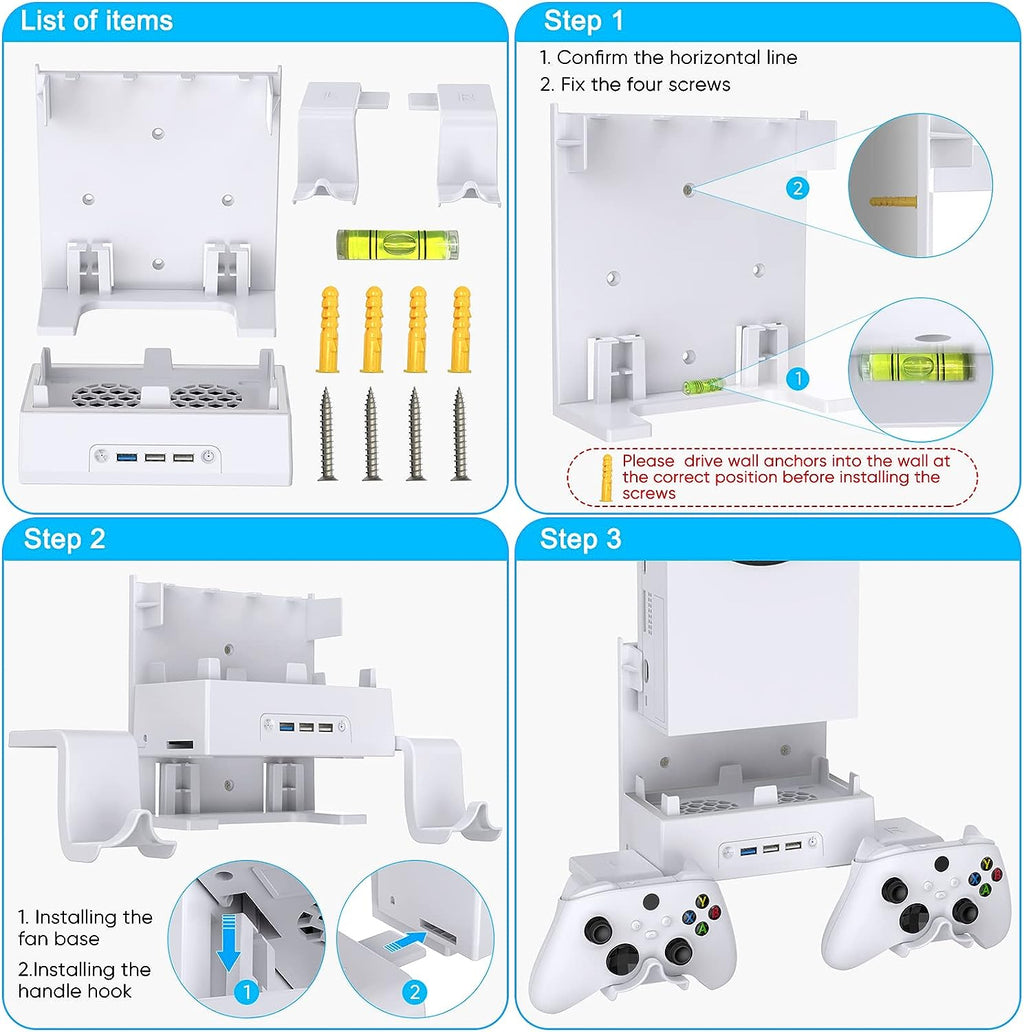 Wall Mount Holder for Xbox Series S, Wiher Wall Mount Kit Accessories with Cooling Bracket, RGB LED Light Strip, USB Port, Controller Hook for Series S White