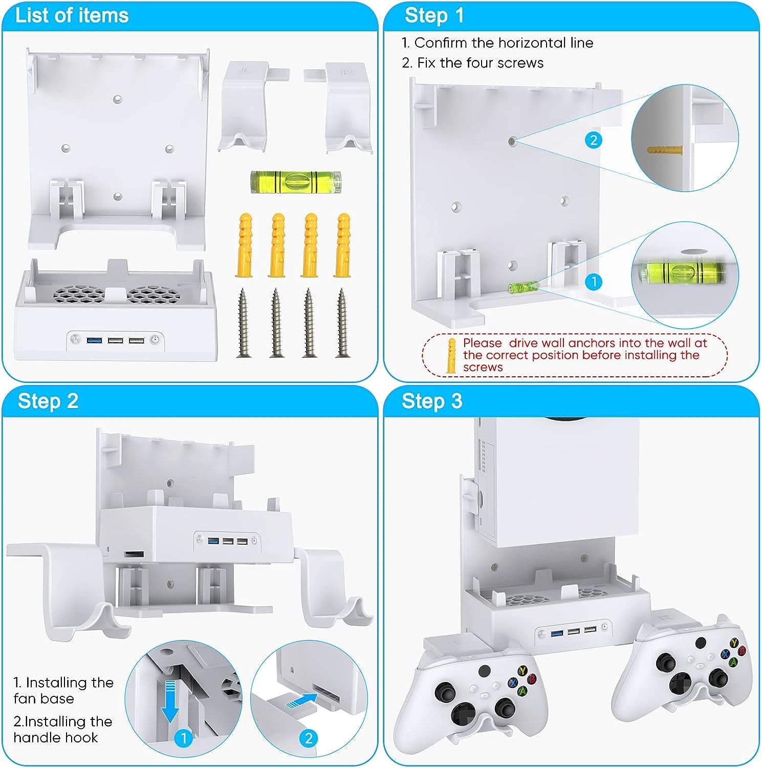 Wall Mount Holder for Xbox Series S, Wiher Wall Mount Kit Accessories with Cooling Bracket, RGB LED Light Strip, USB Port, Controller Hook for Series S White