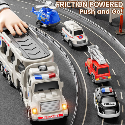 5 in 1 Emergency Rescue Vehicle Carrier Truck Toys for 3-6 Year Old Boys, Friction Power Cars with Rescue Helicopter, Police Car, Fire Truck, Ambulance Car, Christmas Birthday Gifts for Girls Age 3-9