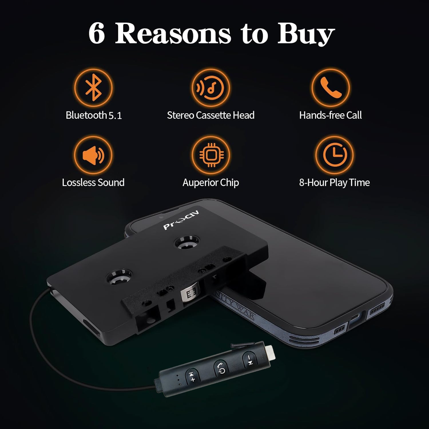 Prociv New Car Audio Bluetooth Wireless Cassette Receiver, Bluetooth 5.1 Car Audio Stereo Cassette Vehicle Tape Converter Cassette, Work While Charging Black
