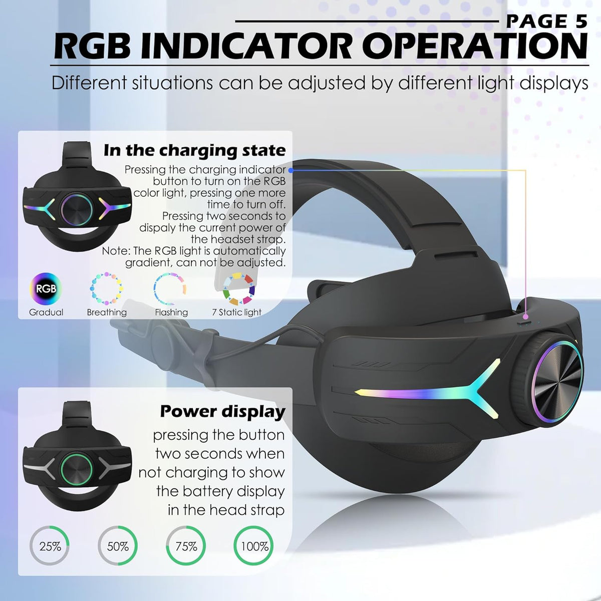 RGB Comfort Battery Head Strap 8000mAh Compatible with Meta Quest 3/Quest 3S Accessories, Battery Pack Elite Strap Replacement for Enhanced Support and Extend Playtime in VR Black