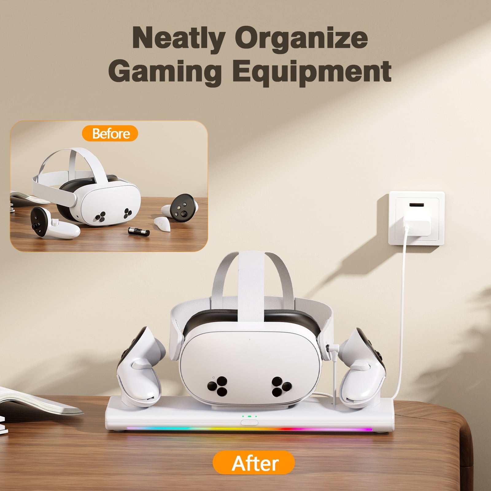 VR Charging Dock for Meta Quest 3S/Quest 3/Quest 2, Magnetic Charging Station for Oculus Quest 3 VR Headset & Controllers, with 2 Rechargeable 2100mAh Batteries, Supports LED Indicator,White