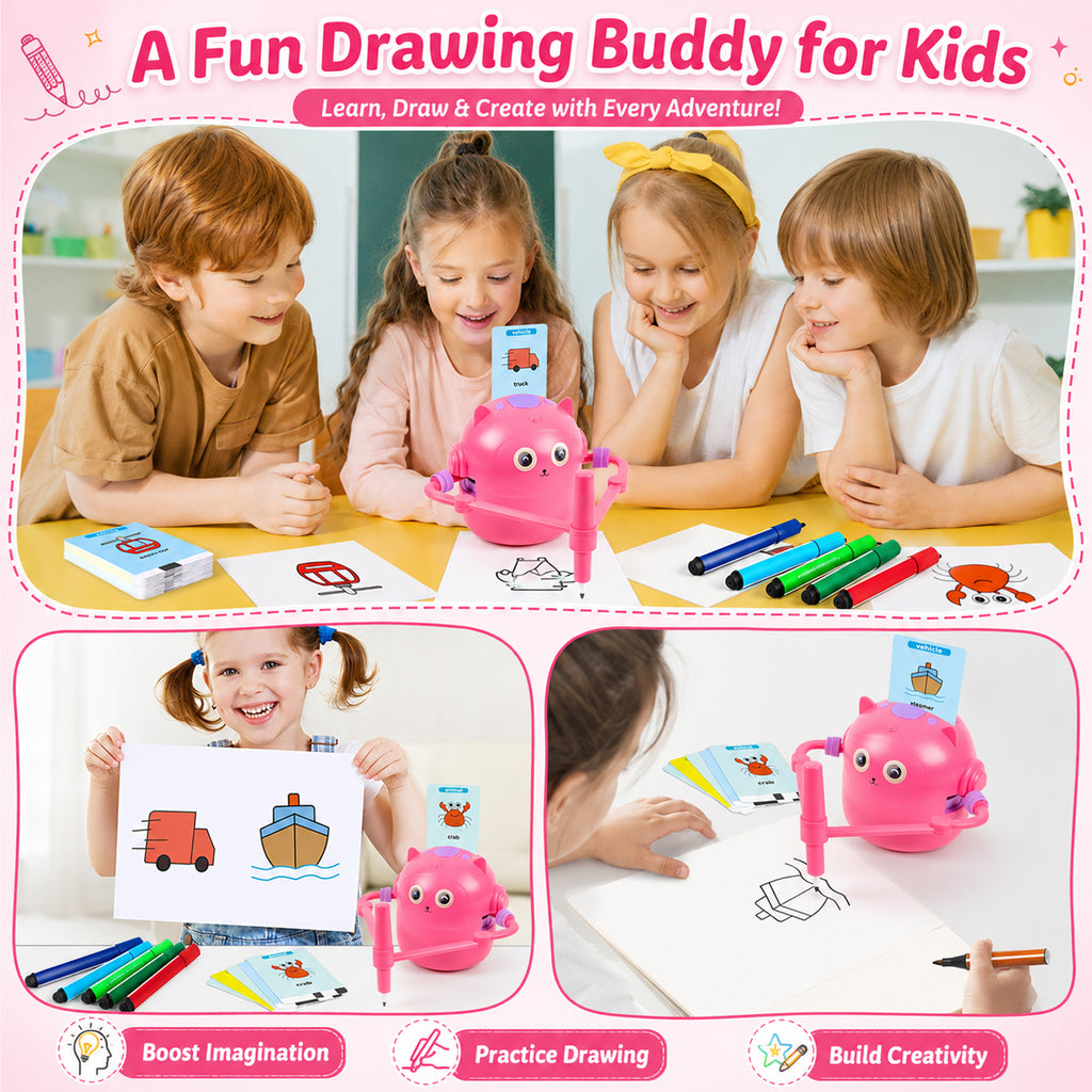 Drawing Robot for Kids, Interactive Educational Drawing Robot with Voice Interaction, Magic Painting Robot Toy with 100 Word Cards & 16 Color Pens for Girls and Boys Age 3+ (Pink)