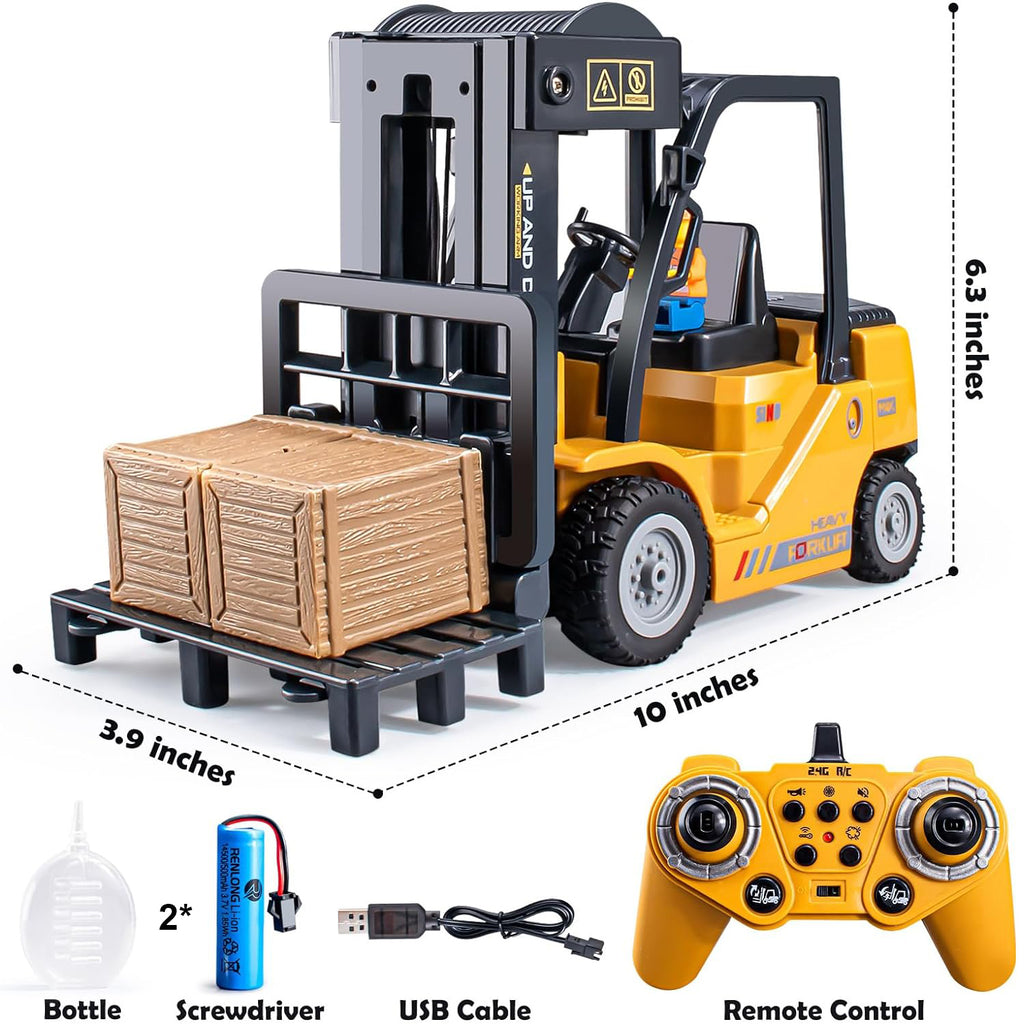 RC Forklift Truck, Remote Control Crane, Full Function Forklift RC Construction Toys Car, 2 Batteries, Spray, Light, Fork Crane Truck Toy Gift for Kids 6+