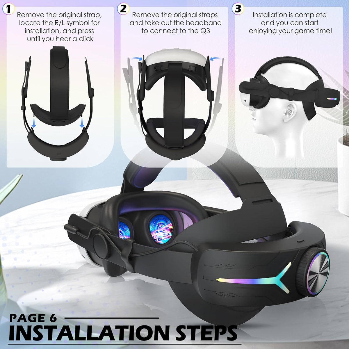 RGB Comfort Battery Head Strap 8000mAh Compatible with Meta Quest 3/Quest 3S Accessories, Battery Pack Elite Strap Replacement for Enhanced Support and Extend Playtime in VR Black