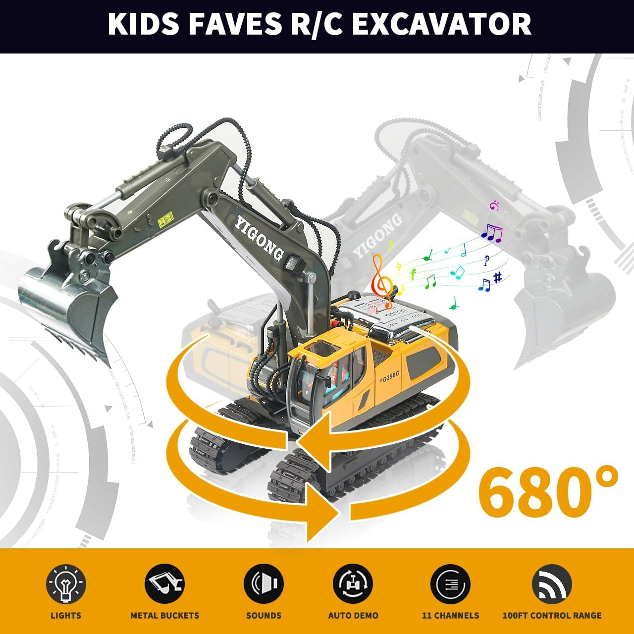 Wiher Remote Control Excavator Toys for Boys,14 Channel 1:14 RC Digger Construction Toys Tractor, Sound, Lighting, Metal Digging Head,RC Truck Gifts for Boys 3 4 5 6 7 8 9 10