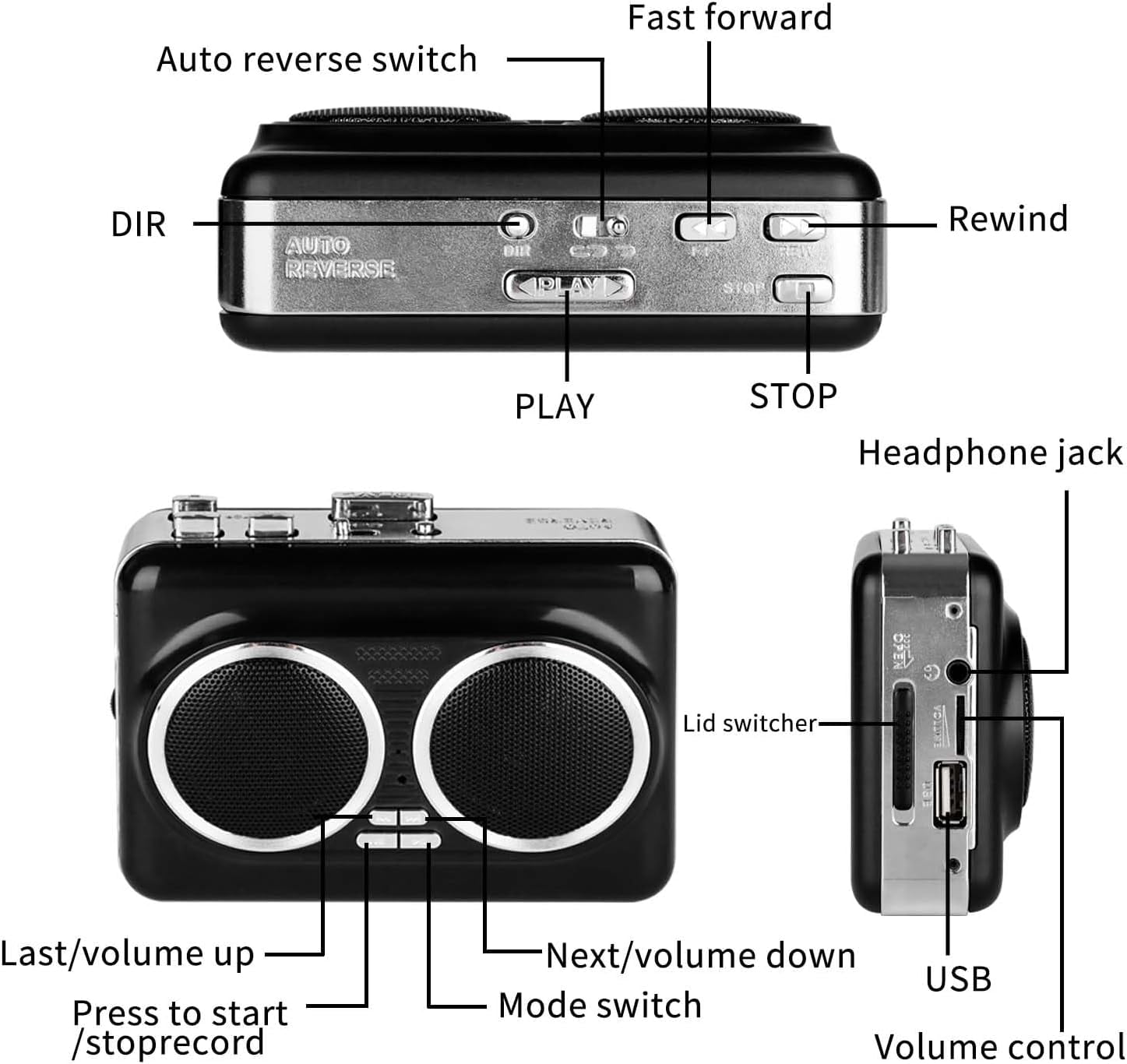 Portable Cassette Player with Auto Reverse Convert Tapes to Digital Files via USB Cassette Audio Player Tape to MP3 Converter Powered by USB Power Cord or AA Battery - Black