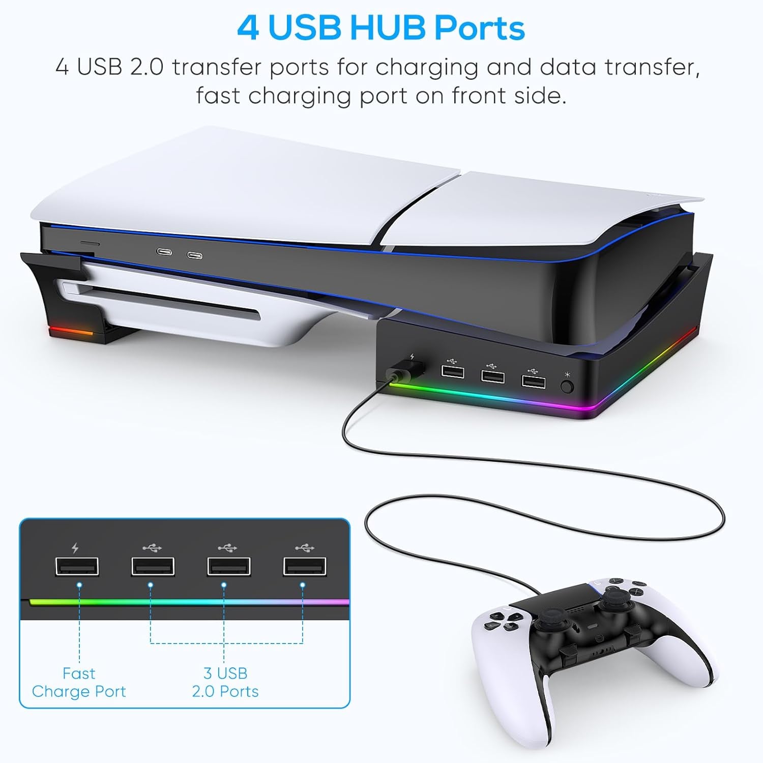 RGB Horizontal Stand for PS5 Pro / Slim Console Accessories with 14 Light Mode and 4 USB Hubs, Side Stand for Playstation 5 Pro / Slim Disc & Digital, Base Holder with Fast Charging, Black
