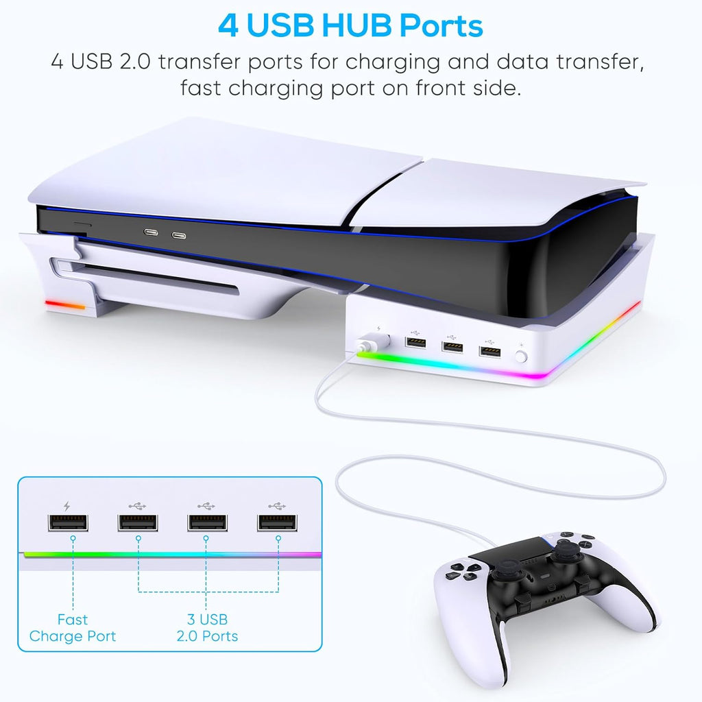 RGB Horizontal Stand for PS5 Pro / Slim Console Accessories with 14 Light Mode and 4 USB Hubs, Side Stand for Playstation 5 Pro / Slim Disc & Digital, Base Holder with Fast Charging, White