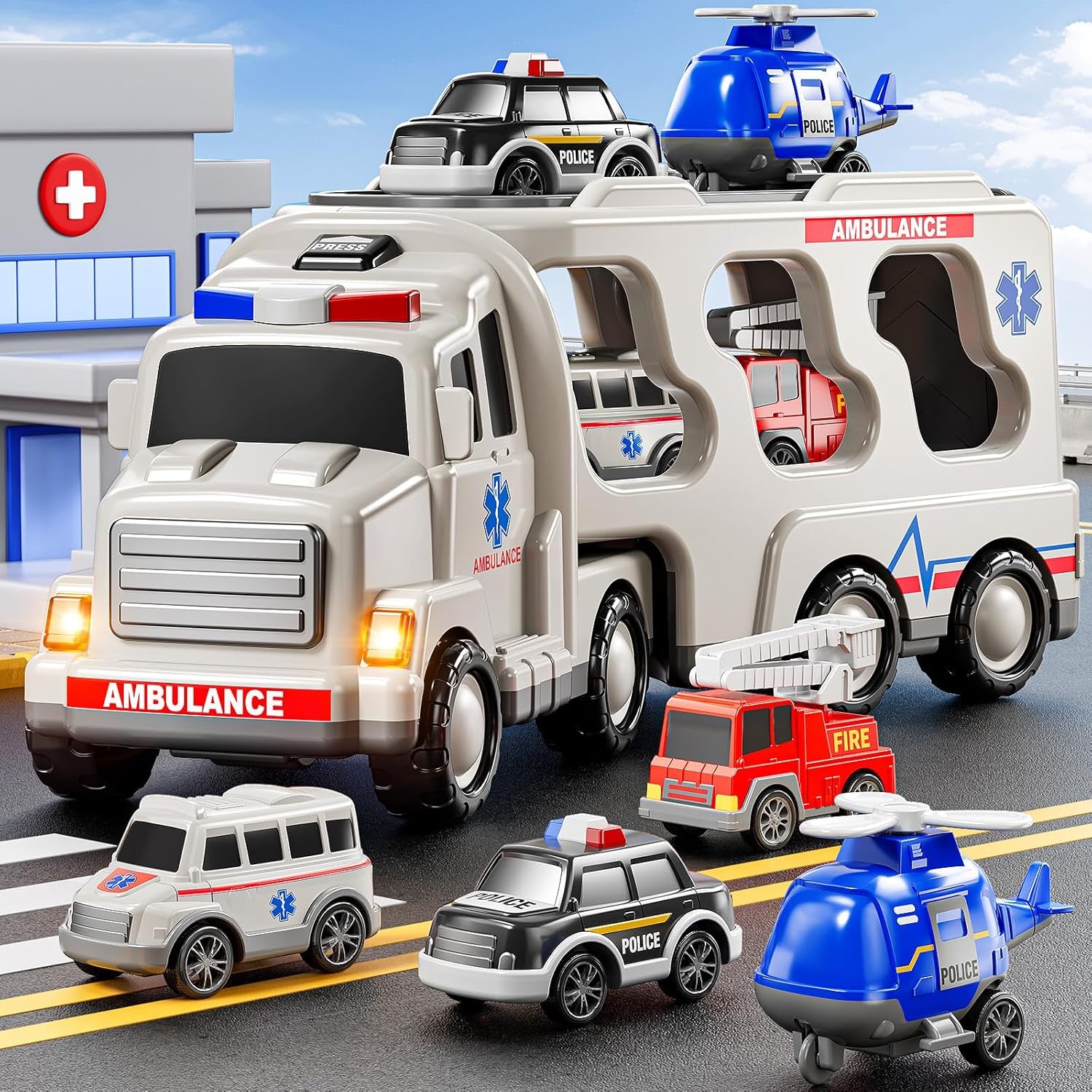 5 in 1 Emergency Rescue Vehicle Carrier Truck Toys for 3-6 Year Old Boys, Friction Power Cars with Rescue Helicopter, Police Car, Fire Truck, Ambulance Car, Christmas Birthday Gifts for Girls Age 3-9