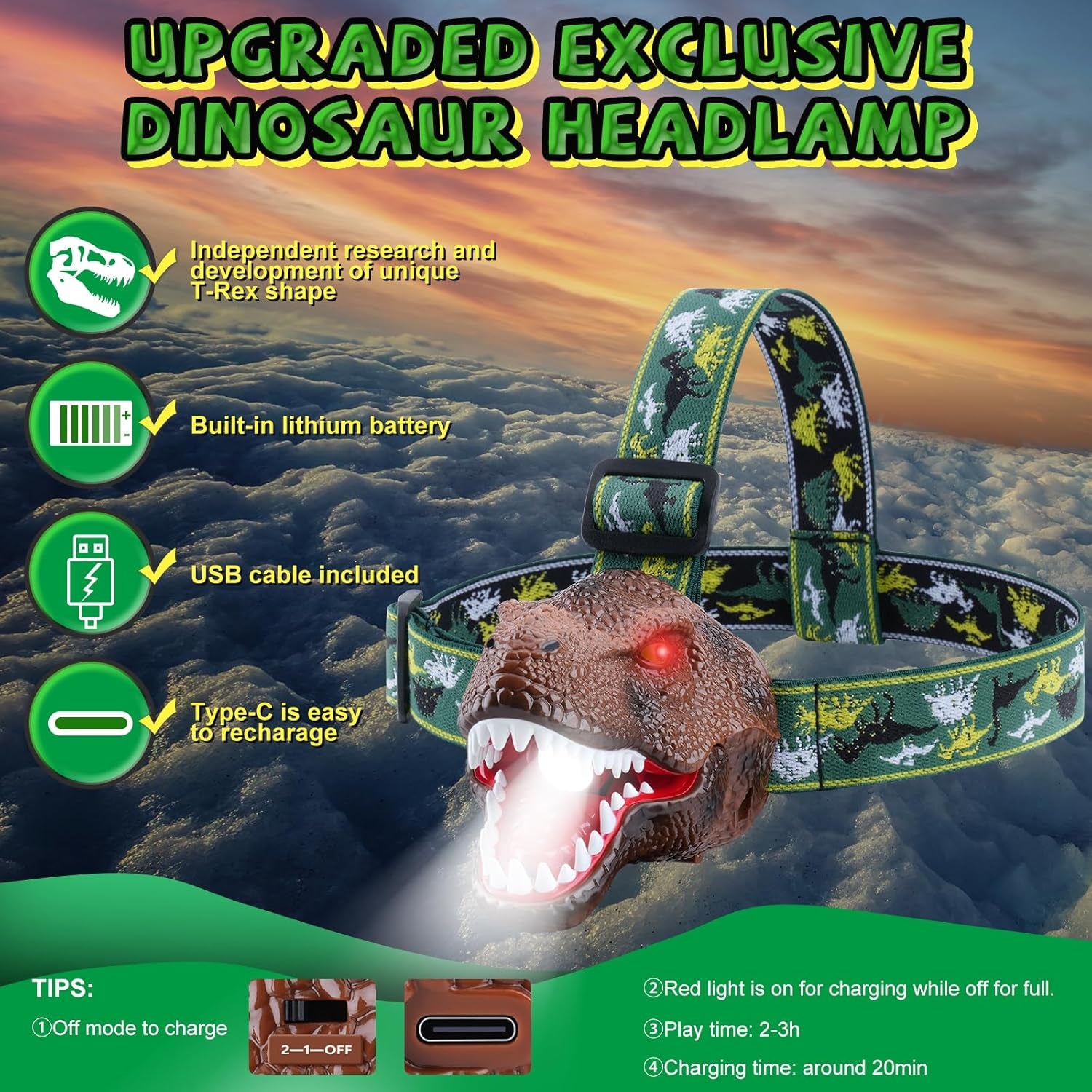 Kids Headlamp, Dinosaur LED Rechargeable Headlamp for Kids Rechargeable Led Headlights Roar & Silent Mode, T-Rex Dinosaur Toys for Kids 3-8, Camping Gear, Christmas Gifts for Boys Girls Adults