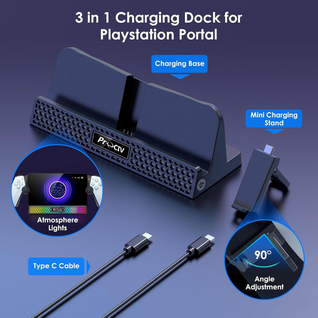 Charging Dock for PlayStation Portal 3 in 1 Charging Stand for PS5 Portal with 14 RGB Light and 4.9ft USB C Charging Cable Portable Charger Accessories for PlayStation Portal Remote Player(Black)