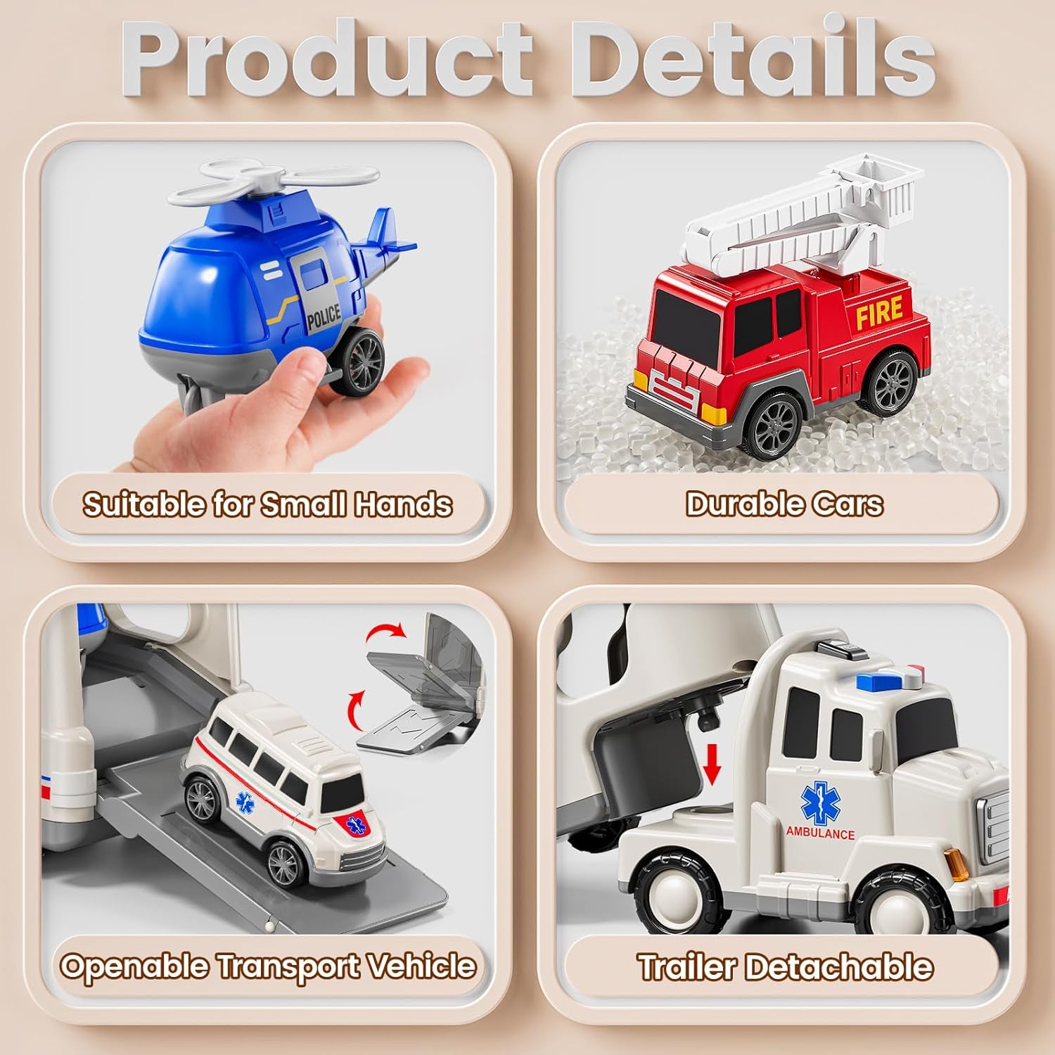 5 in 1 Emergency Rescue Vehicle Carrier Truck Toys for 3-6 Year Old Boys, Friction Power Cars with Rescue Helicopter, Police Car, Fire Truck, Ambulance Car, Christmas Birthday Gifts for Girls Age 3-9