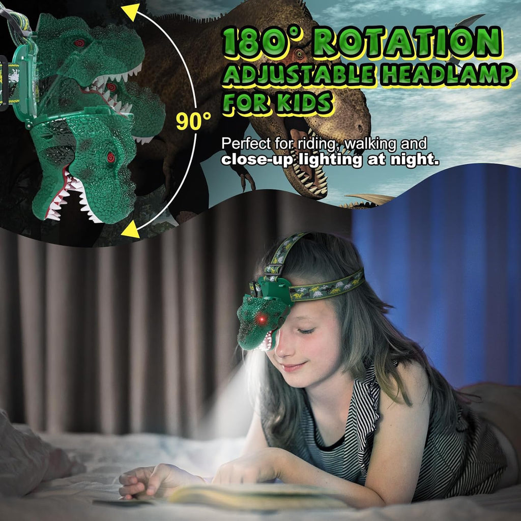 Kids Headlamp, Dinosaur LED Rechargeable Headlamp for Kids Rechargeable Led Headlights Roar & Silent Mode, T-Rex Dinosaur Toys for Kids 3-8, Camping Gear, Christmas Gifts for Boys Girls Adults