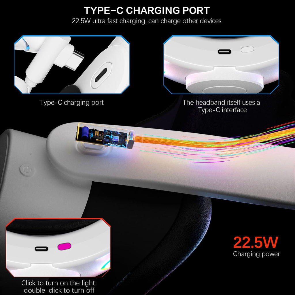 RGB Battery Head Strap for Meta Quest 3s/Quest 3 10000mAh Battery Pack Compatible with Oculus Quest 3s/Quest 3 for Extended 8 Hrs of Playtime Adjustable Elite Strap (White)