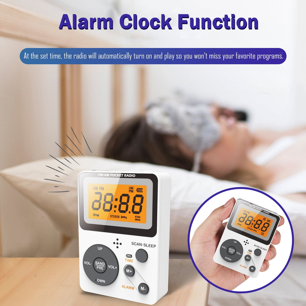 Portable AM FM Radio Personal Pocket Radio with LCD Screen Stereo Earphone Jack Sleep Timer and Alarm Clock for Jogging Walking