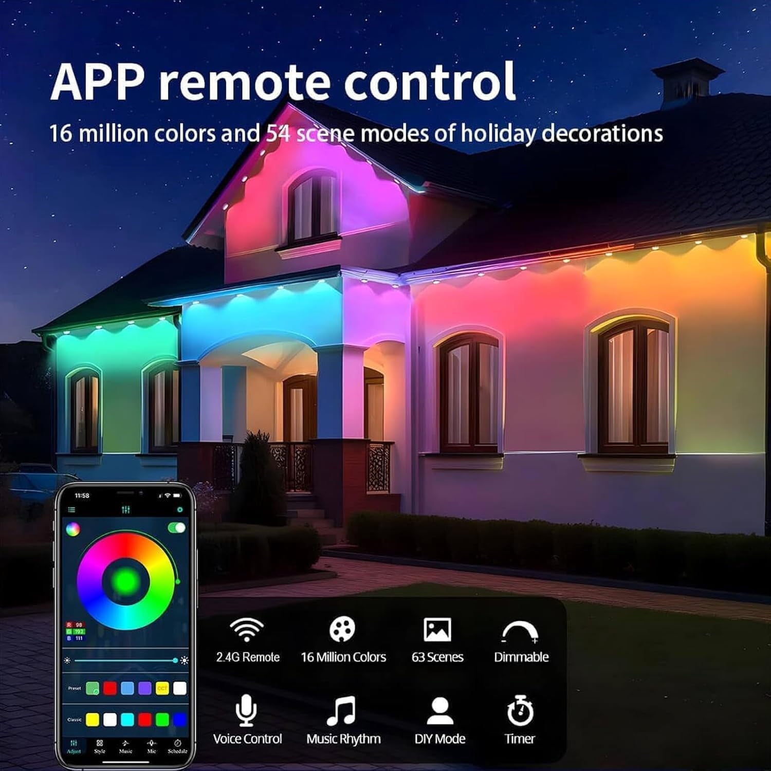 Prociv Permanent Outdoor Lights 100ft Outdoor Christmas Lights Smart RGB App Control with 60 LEDs LED Eaves Lights IP67 Waterproof House Roof Outdoor Lighting for Party Daily Halloween Garden