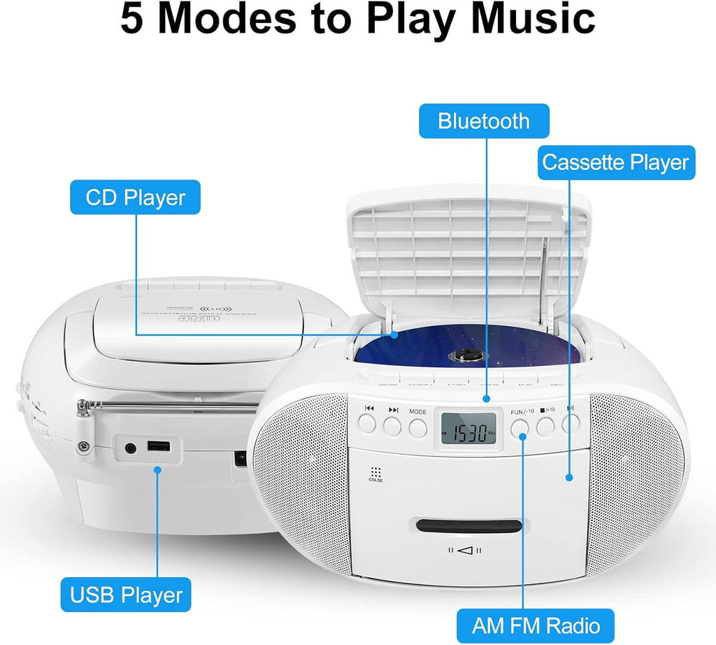 Prociv CD Player Boombox with Cassette Player Bluetooth AM/FM Radio Stereo Sound with Remote Control AUX/USB Drive Tape Recording AC/DC Powered Headphone Jack LCD Display for Home Senior Child Whi