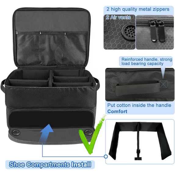 Golf Trunk Organizer Storage, 2 Layer Waterproof Storage Locker with Separate Compartment, 2 Pair Shoes and Accessories Storage for Balls, Tees, Clothes, Gloves, Accessories, Foldable