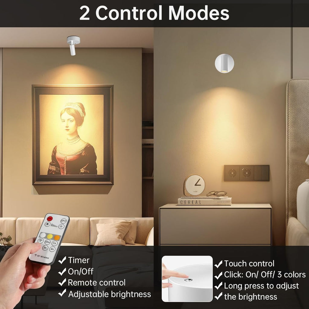 Wireless Led Spotlight Indoor Rechargeable Uplighting Indoor with Remote Dimmable 350° Rotate Battery Powered Ceiling Spotlight for Artwork Painting Tree White 1pcs