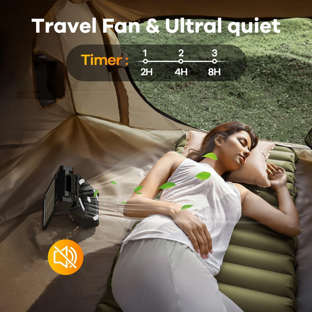 Solar Camping Fan with Light 10400mAh Rechargeable Portable Desk Cooling Fan with 4 Speeds/Timer/PowerBank for Outdoor Camping Fishing Barbecue