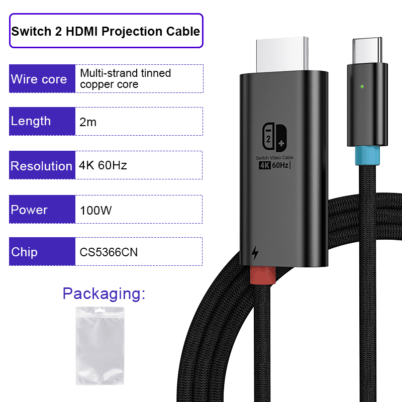 Switch 2 Portable Dock 6.5ft 4K/60 Hz USB-C to HDMI TV Adapter for Switch 2/Switch OLED/Switch(Black)