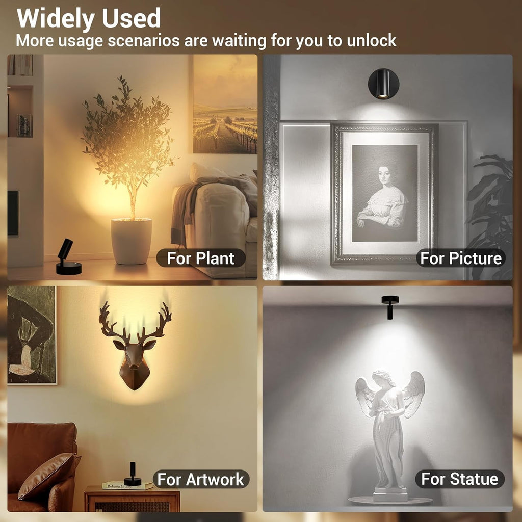 Wireless Led Spotlight Indoor Rechargeable Uplighting Indoor with Remote Dimmable 350° Rotate Battery Powered Ceiling Spotlight for Artwork Painting Tree Black 2pcs