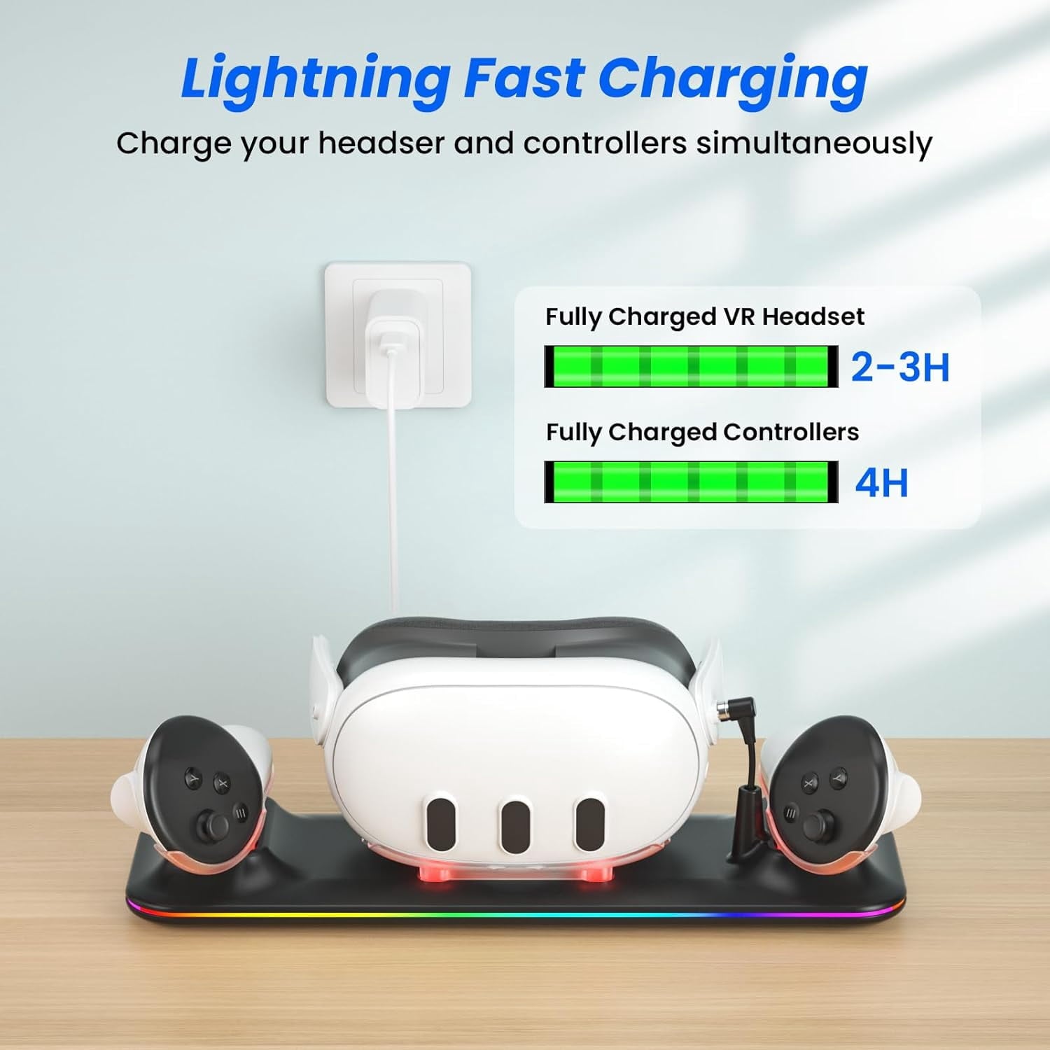 VR Charging Dock for Meta Quest 3 Fast Charging Station with Colorful RGB Light for Oculus Quest 3 Magnetic Charging Stand for VR Headset and Touch Controllers with 2 Rechargeable Batteries Black
