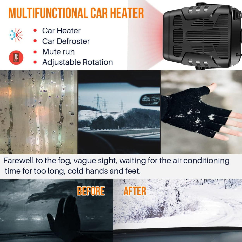 Portable Car Heater Fan 2 in 1 Auto Heater Fan Automotive Cooling Fan Heating Defrosts Defogger Automobile 360° Adjustable Thermostat Plug in Cigarette Lighter Rotary Base DC12V