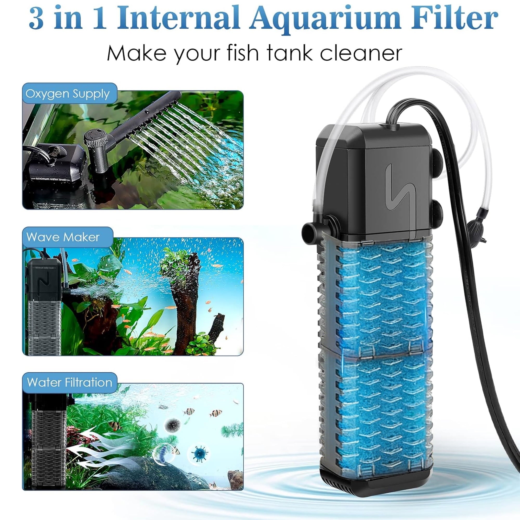 Aquarium Filter for 30-70 Gallons Fish Tank Filter with Filtration Oxygenation Circulation Adjustable WaterFlow Submersible Fish Tank Filters with Circulation System for Fresh/Saltwater Tank