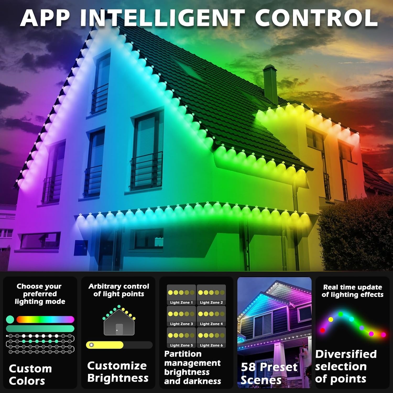 Prociv Permanent Outdoor Lights Waterproof 200FT 75LEDs Eaves Lights APP & Remote Control Color Changing Outdoor Lights with DIY Modes for for Party Daily Halloween Christmas Garden