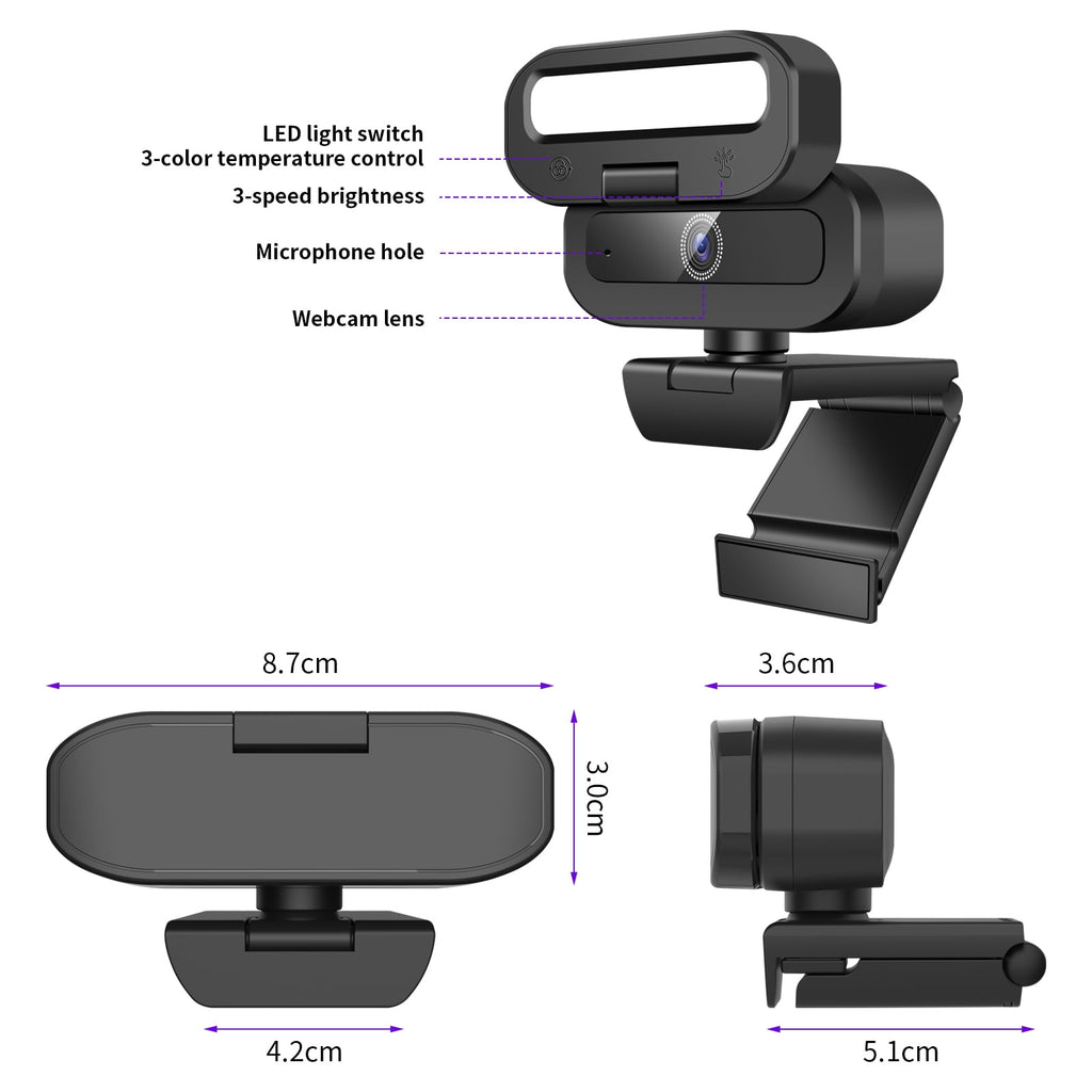Webcam with Microphone 4K USB Webcam for PC Desktop & Laptop Ring Light and 3-Level Brightness Computer Camera with Privacy Cover & Tripod Stand for Computer/PC/Laptop/Desktop