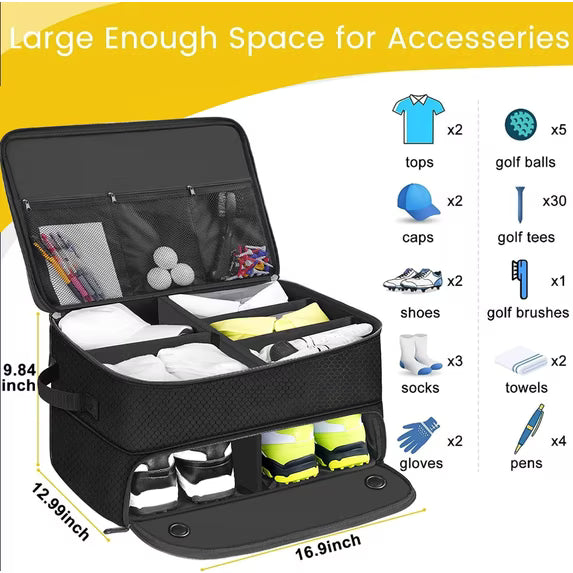 Golf Trunk Organizer Storage, 2 Layer Waterproof Storage Locker with Separate Compartment, 2 Pair Shoes and Accessories Storage for Balls, Tees, Clothes, Gloves, Accessories, Foldable