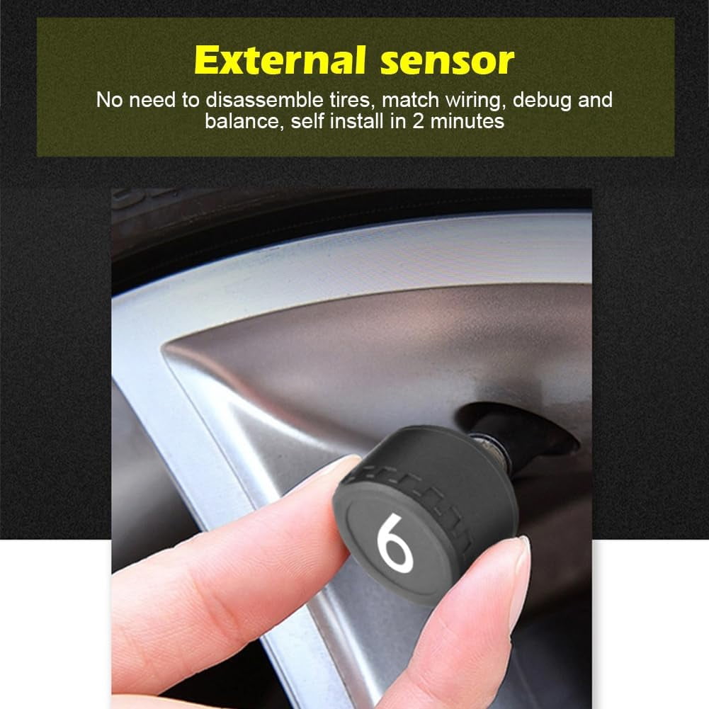RV Tire Pressure Monitoring System Tire Pressure Monitor with Solar Charge LCD Display Auto Sleep Mode for Trailer Truck Off Road Pickup(4 Sensors External Voice Version)