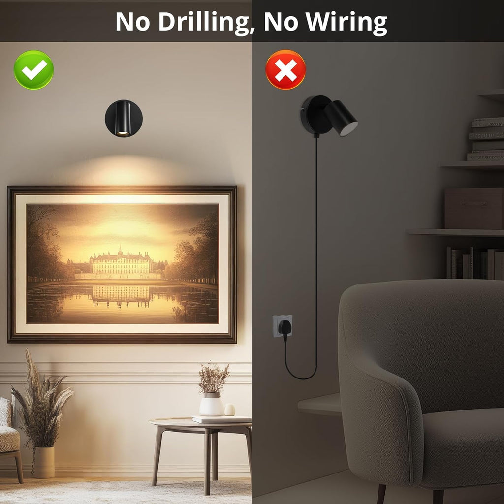 Wireless Led Spotlight Indoor Rechargeable Uplighting Indoor with Remote Dimmable 350° Rotate Battery Powered Ceiling Spotlight for Artwork Painting Tree Black 1pcs