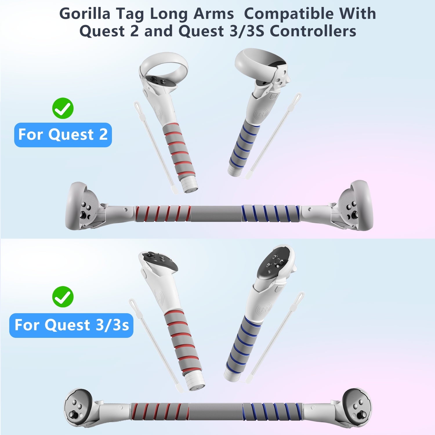 Controller Handle Attachments for Oculus Quest 3S/3/2 VR Accessories Long Stick and Dual Handle Extension Grips Compatible with Meta Quest for Gorilla Tag Beat Saber Golf Club Baseball Multiple Game