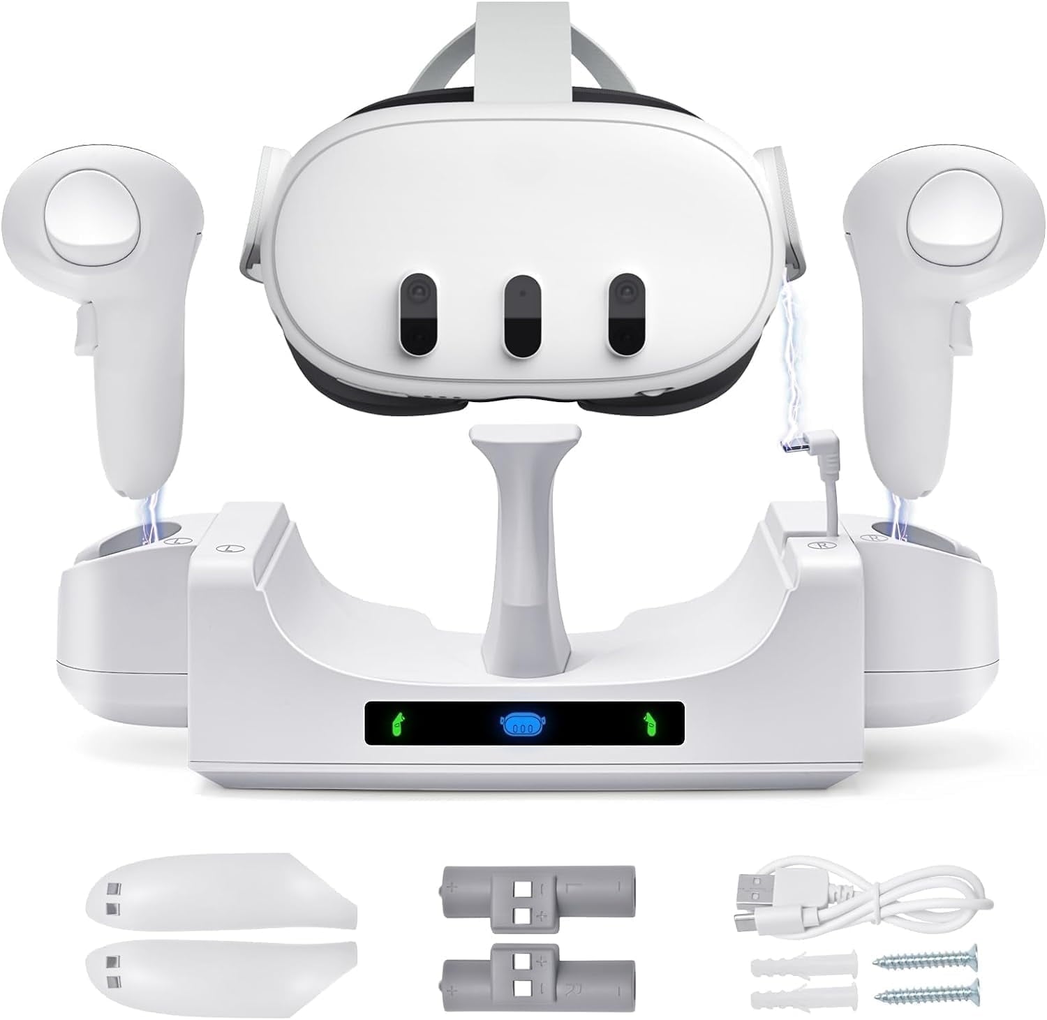 Prociv Charging Dock for Oculus/Meta Quest 3 Charging Stand for Meta Quest 3 Controller and Headset with 2 Rechergeable Batteries Battery Cover