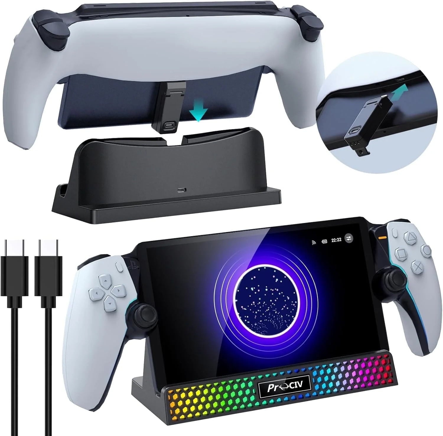 Charging Dock for PlayStation Portal 3 in 1 Charging Stand for PS5 Portal with 14 RGB Light and 4.9ft USB C Charging Cable Portable Charger Accessories for PlayStation Portal Remote Player(Black)