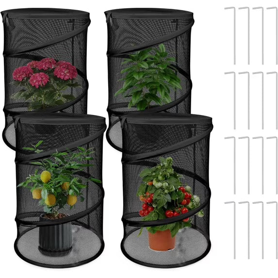 Garden Mesh Plant Cover, 4 Pack Pop Up Outdoor Plant Protector with Stakes, Garden Netting for Protecting Plant Vegetable Fruit from Birds Insects, 22.8" x 11.4" Foldable Plant Netting - Black