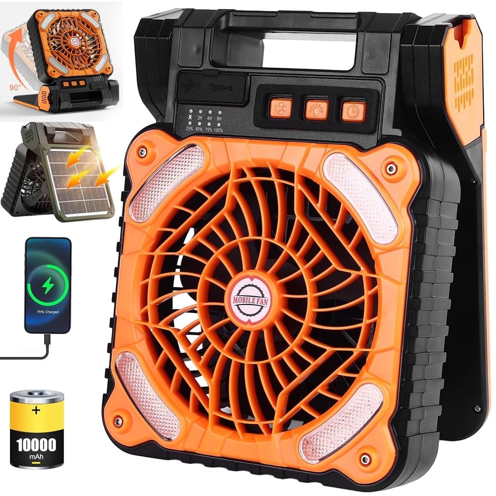 Solar Camping Fan with Light 10400mAh Rechargeable Portable Desk Cooling Fan with 4 Speeds/Timer/PowerBank for Outdoor Camping Fishing Barbecue