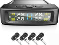 RV Tire Pressure Monitoring System Tire Pressure Monitor with Solar Charge LCD Display Auto Sleep Mode for Trailer Truck Off Road Pickup(4 Sensors Built In Voice Version)