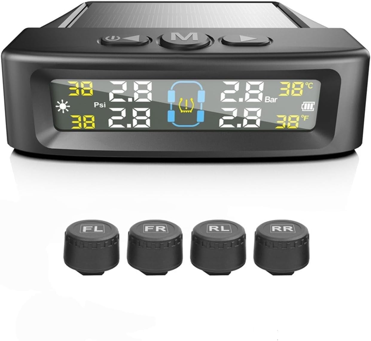 RV Tire Pressure Monitoring System Tire Pressure Monitor with Solar Charge LCD Display Auto Sleep Mode for Trailer Truck Off Road Pickup(4 Sensors External Voice Version)