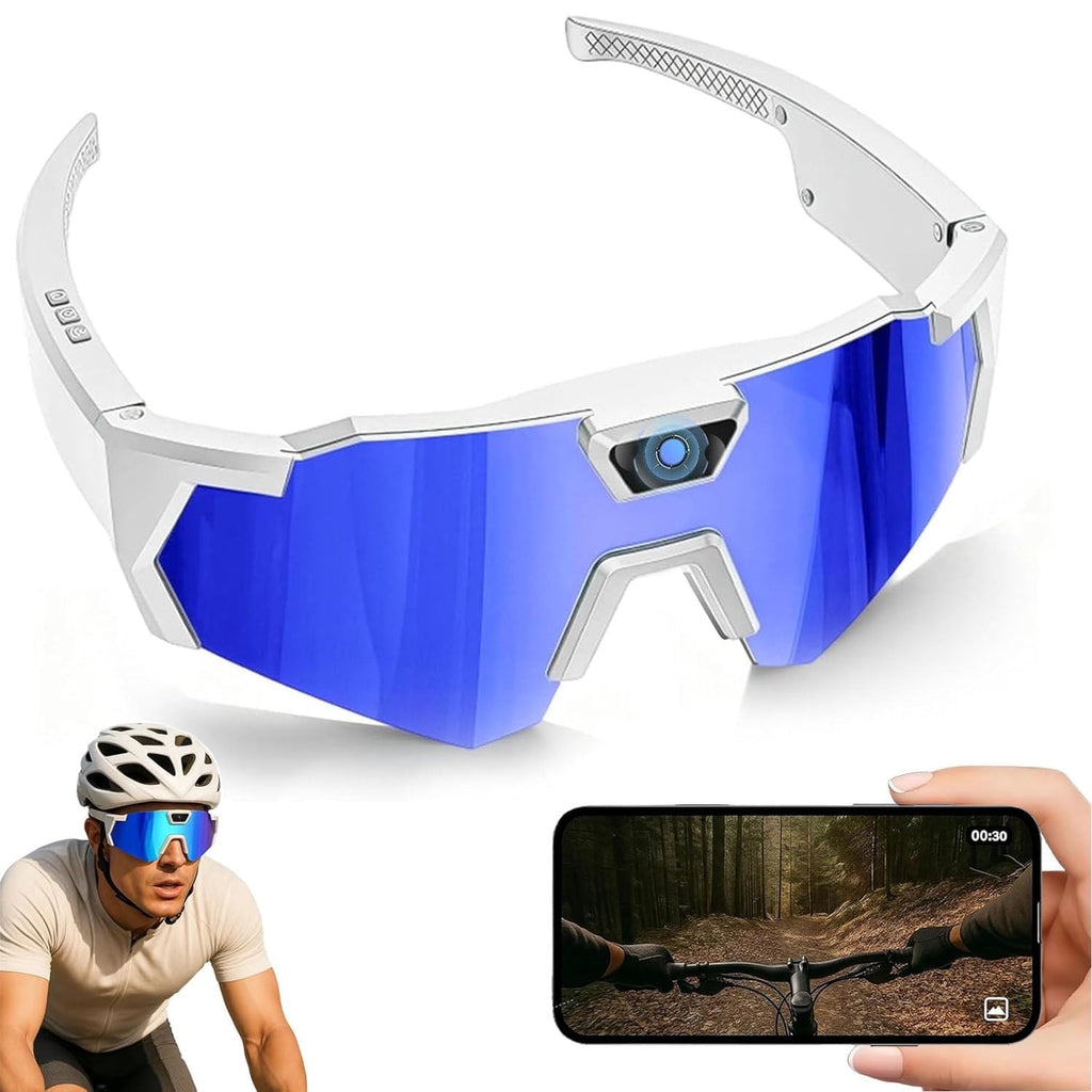 Wiher Smart Camera Glasses 4k POV Sports Glasses HD Recording Video Cycling Action Sunglasses Wearable Audio Take a Picture Wireless Photography Shooting VCR，Suitable for Men and Women(Blue)