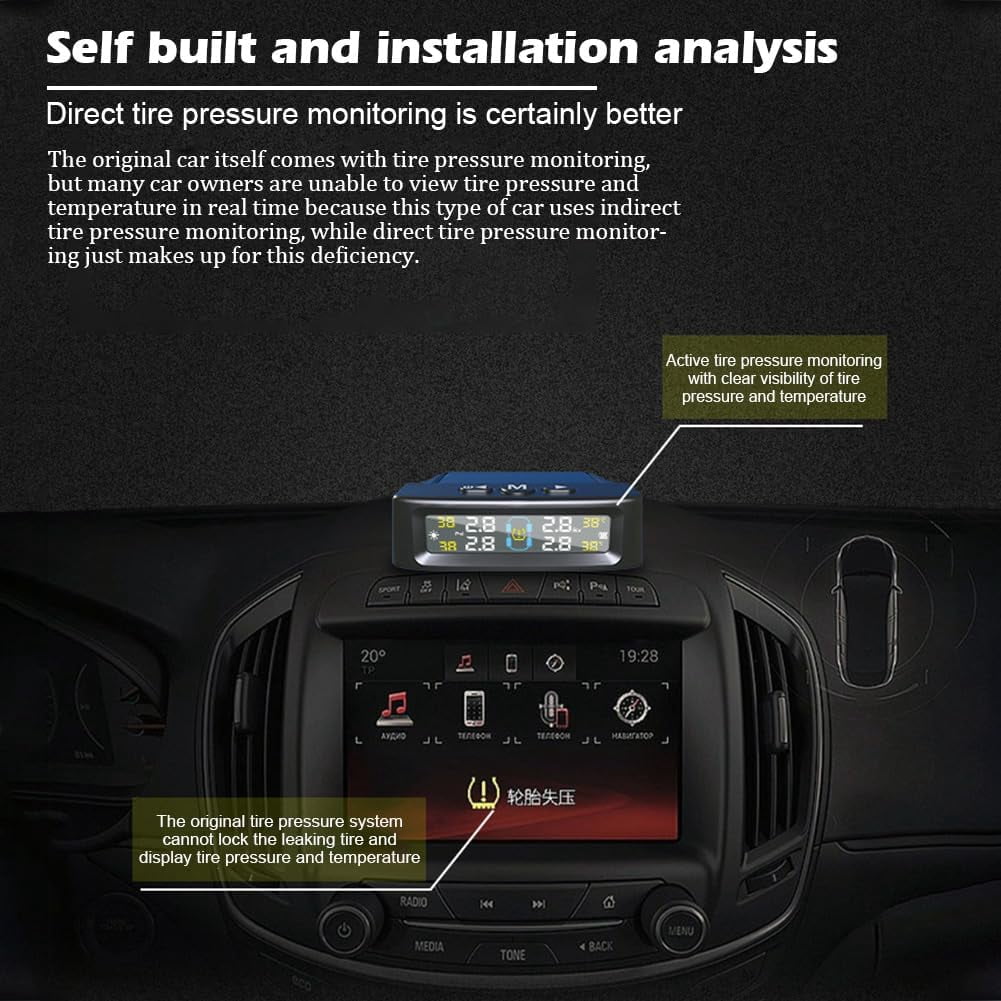 RV Tire Pressure Monitoring System Tire Pressure Monitor with Solar Charge LCD Display Auto Sleep Mode for Trailer Truck Off Road Pickup(4 Sensors External Voice Version)