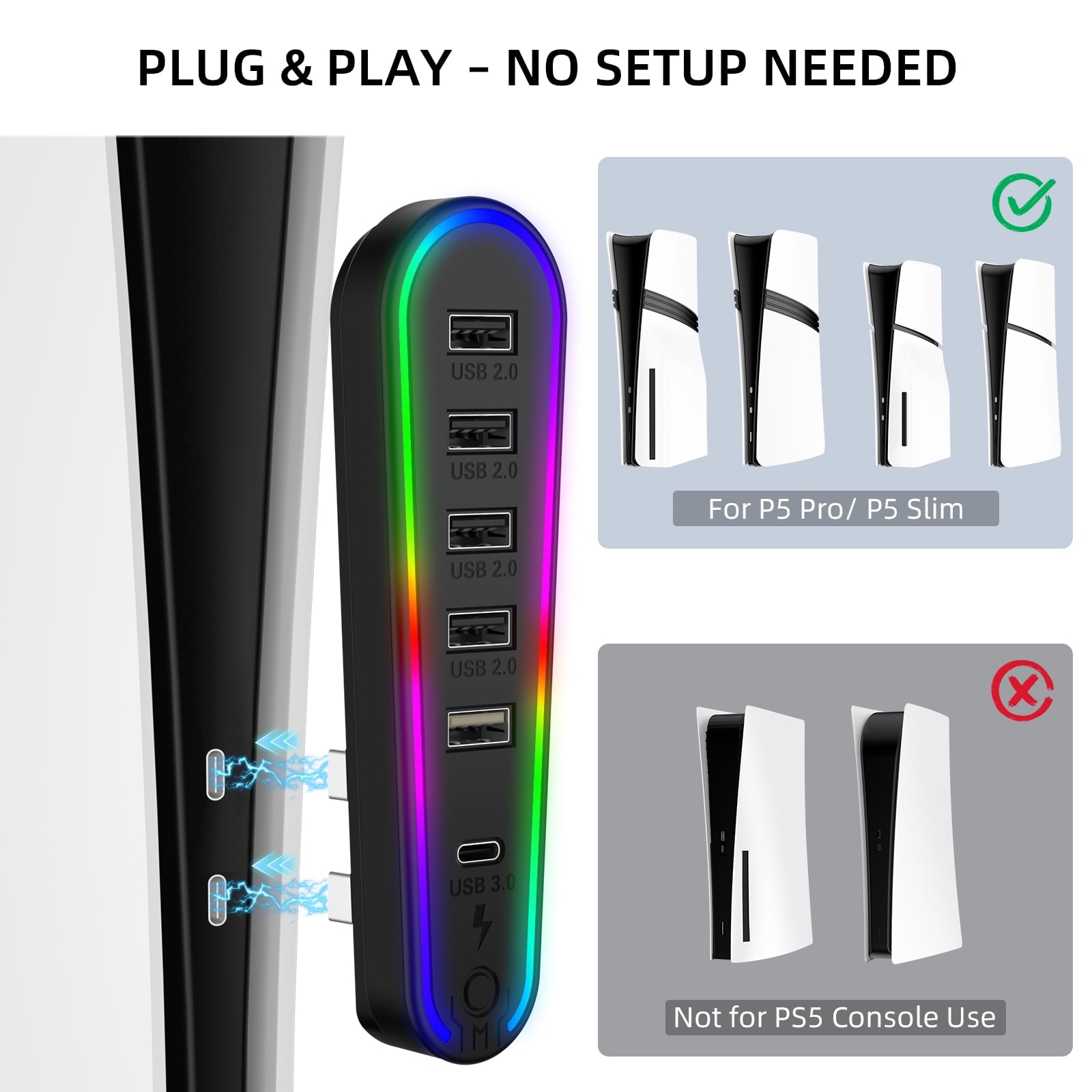6 Ports USB Hub for PS5 Pro/PS5 Slim Console Disc & Digital High-Speed USB Port Extender for PS5 Accessories Charging Adapter with 1 Type C 3.0 + 4 USB-A 2.0 + 1 Port