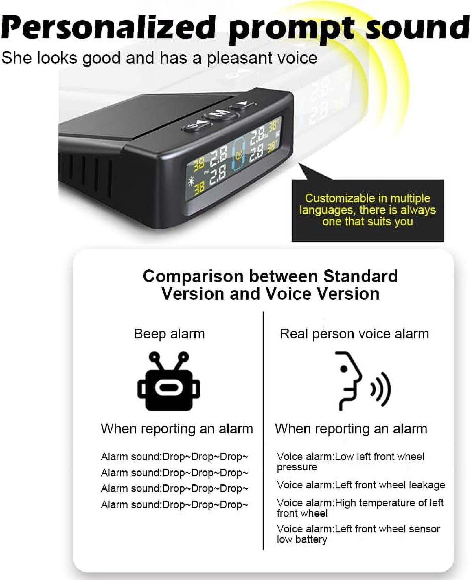 RV Tire Pressure Monitoring System Tire Pressure Monitor with Solar Charge LCD Display Auto Sleep Mode for Trailer Truck Off Road Pickup(4 Sensors Built In Voice Version)
