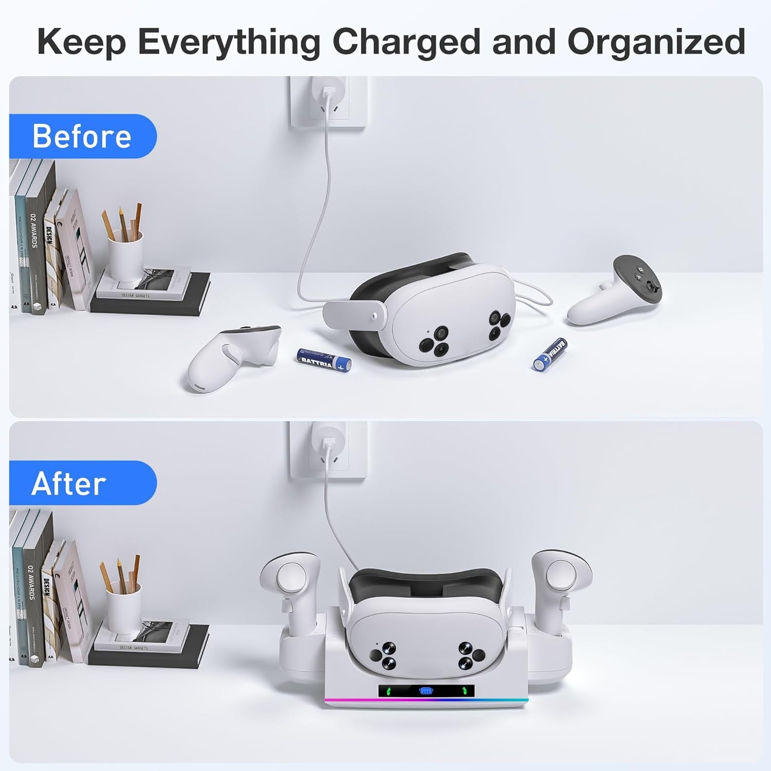 RGB Charging Dock for Oculus/Meta Quest 3S VR Headset and Controller Fast Charger Base Wall Mount Charging Stand for Meta Quest 3S Accessories with 2 Rechergeable Dual-Use
