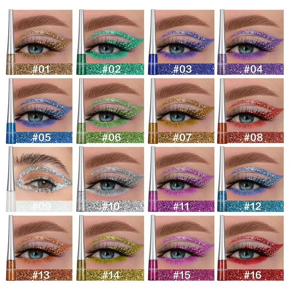 16 Color Liquid Glitter Eyeliner Sets, Waterproof Long Lasting Quick Dry Shimmer Eyeliner Eyeshadow Pencil Makeup Kit Gift for Women Girls